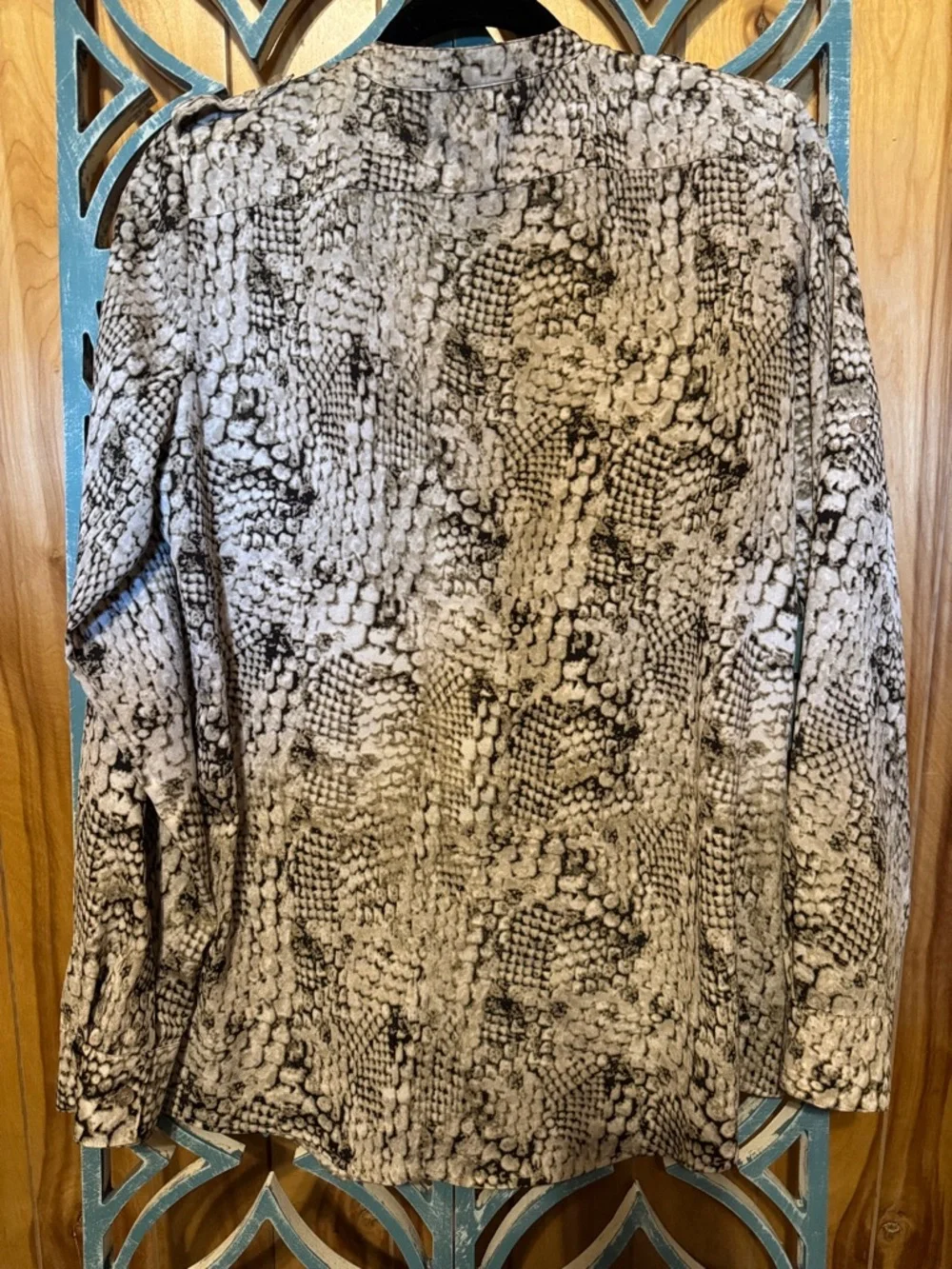 Calvin Klein Beige and Black Snakeskin Print V-Neck Blouse (missing one button) - Picture 6 of 6